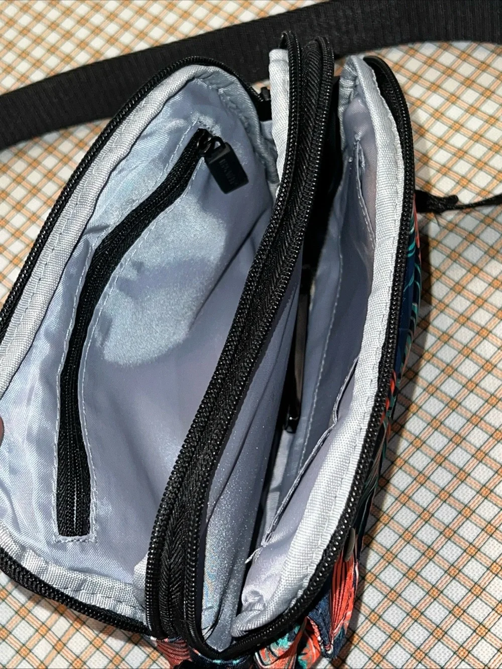 HKWP Navy Crossbody Bag with Coral & Teal Tropical Print